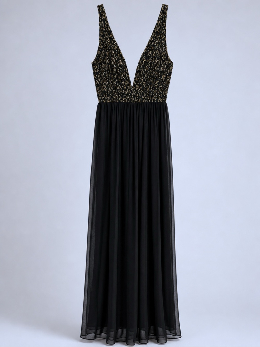RENN Vintage Black & Metallic Gold Stretch Maxi Party Dress Sheer Overlay Size S